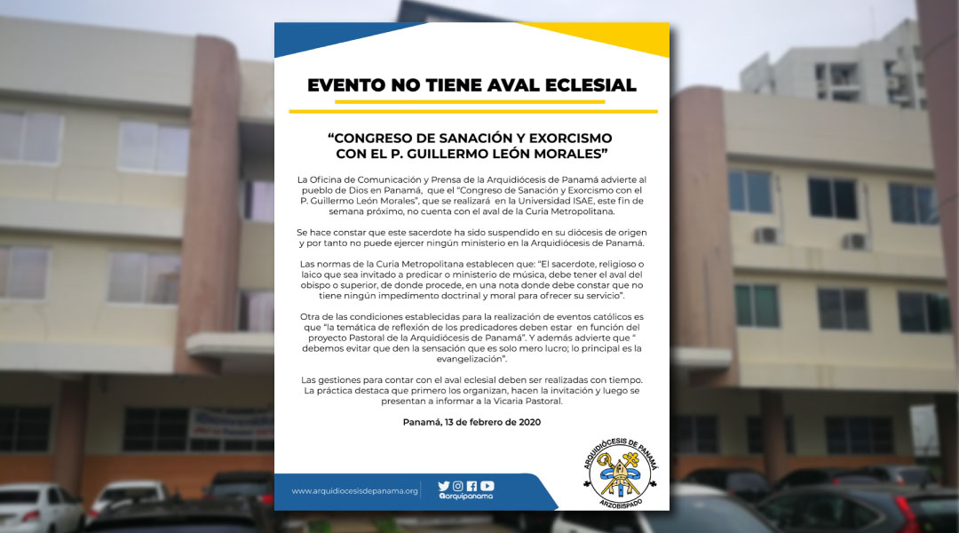 EVENTO NO TIENE AVAL ECLESIAL “Congreso de Sanación y Exorcismo con el P. Guillermo León Morales”