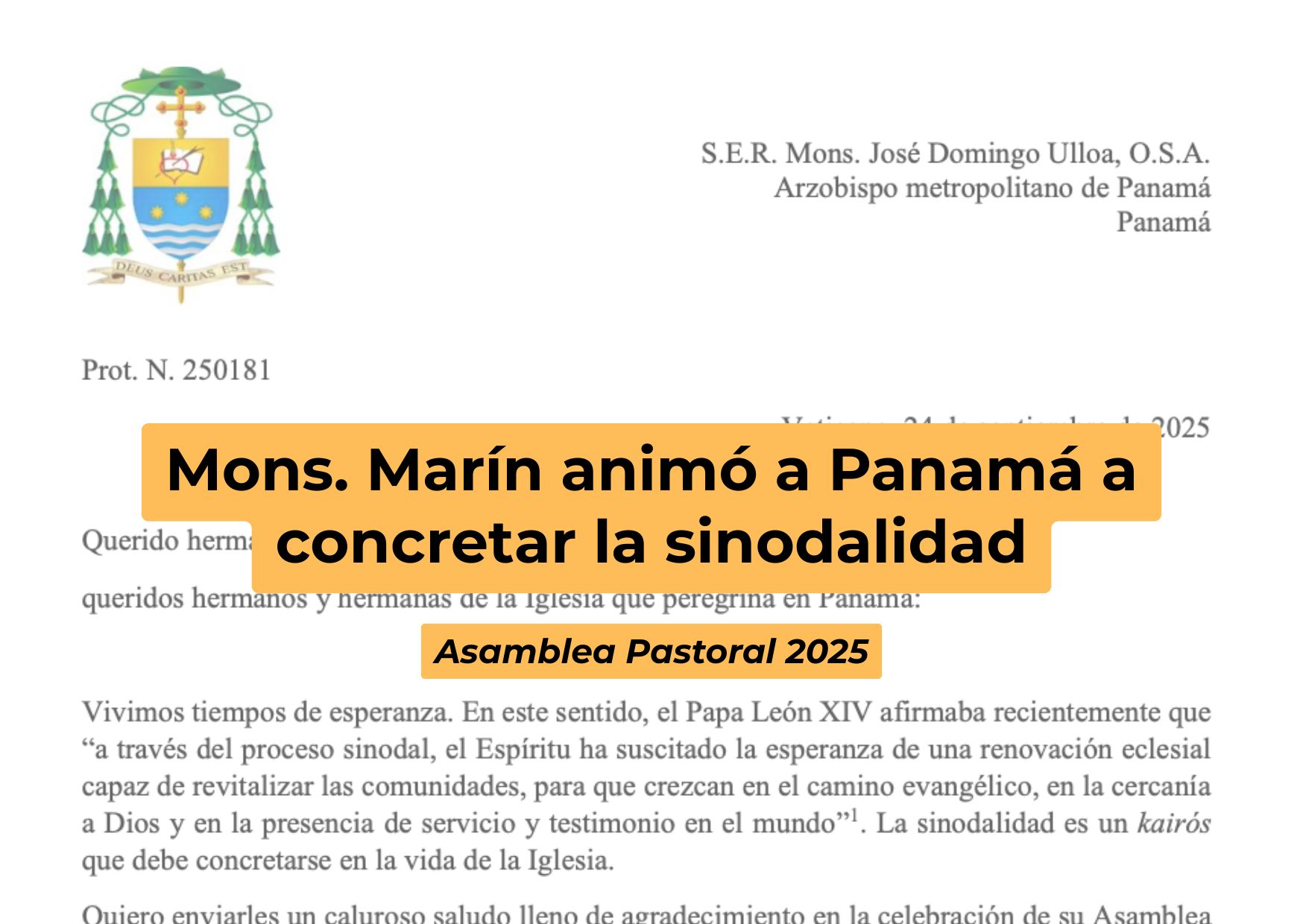 Mons. Marín animó a Panamá a concretar la sinodalidad