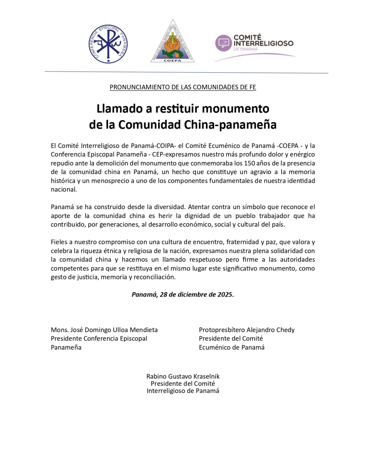 PRONUNCIAMIENTO DE LAS COMUNIDADES DE FE